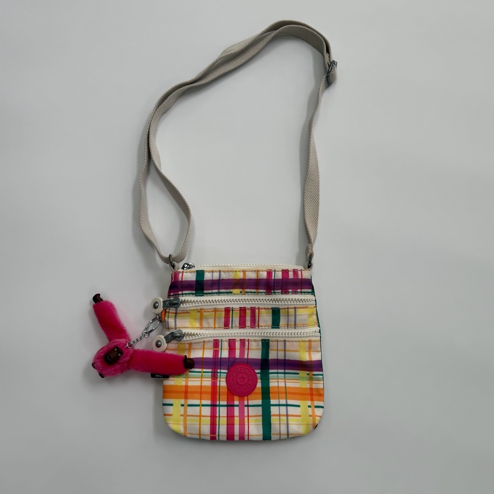Kipling Small Colorful Plaid Crossbody Bag with Signature Monkey Keychain